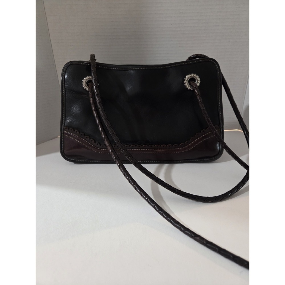 Vintage Brighton Shoulder Bag Black With Scalloped Brown Accent Rope Strap